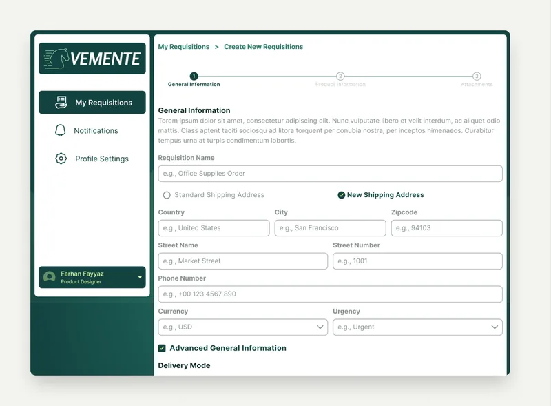 Vemente, Internal Tool · Procurement Operations, product screenshot