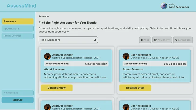 Assess Mind, HealthTech · Booking Marketplace, product screenshot