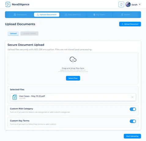 Nova Diligence, LegalTech · AI Due Diligence, product screenshot