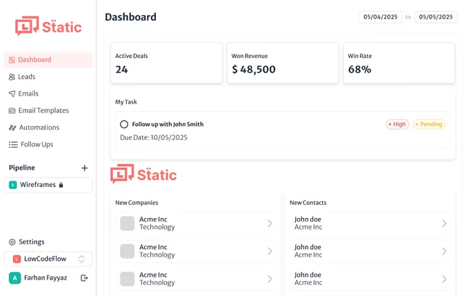 Static, Lead-nurturing CRM · SaaS, product screenshot