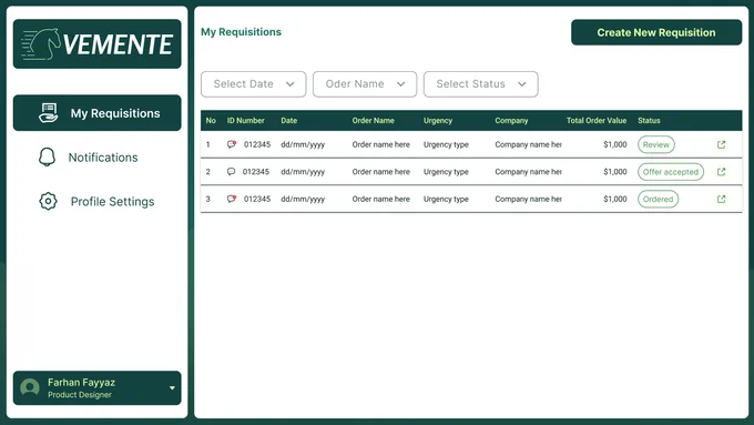 Vemente, Internal Tool · Procurement Operations, product screenshot